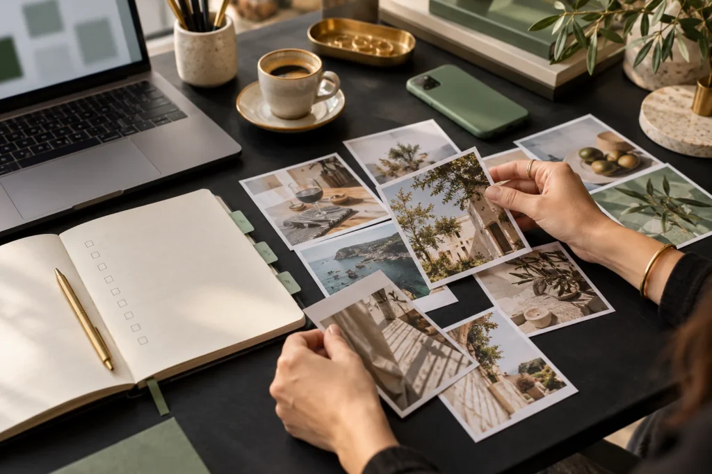 Manos organizando fotografías de contenido junto a un cuaderno de planificación, un portátil y un móvil.