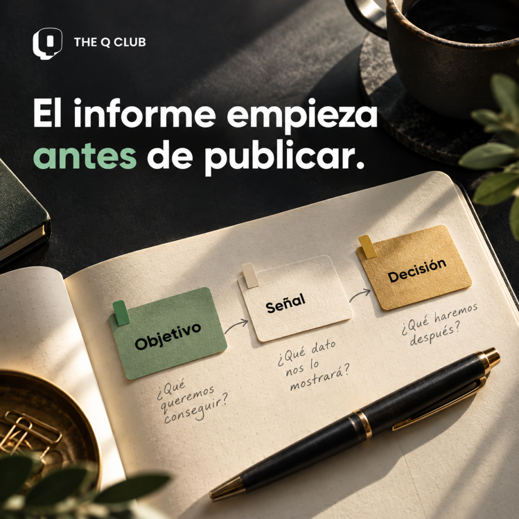 Cuaderno abierto sobre una mesa oscura con notas Objetivo, Señal y Decisión y el titular El informe empieza antes de publicar. Logo de The Q Club.