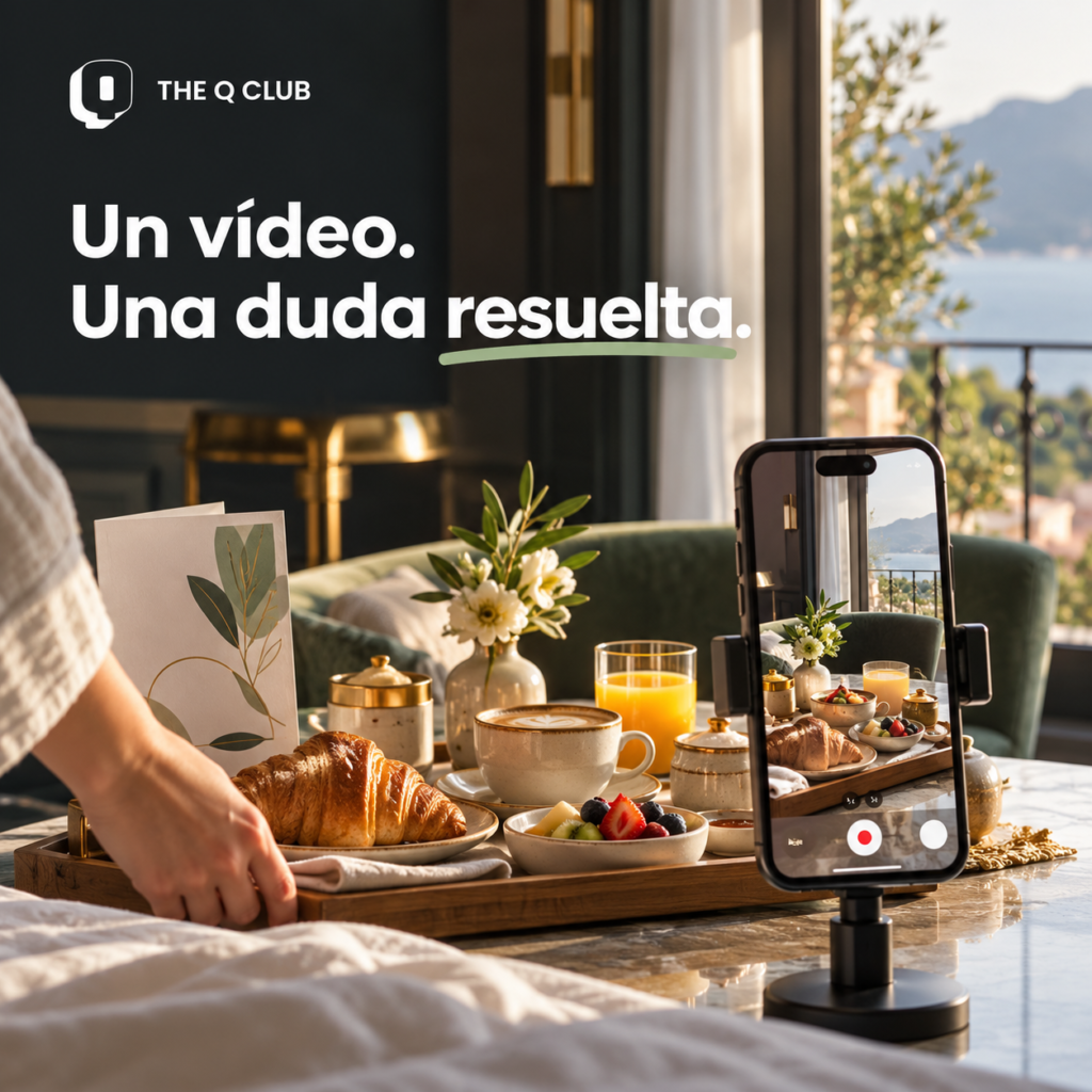 Escena conceptual de desayuno de hotel, con un móvil grabando la bandeja. Titular Un vídeo. Una duda resuelta y logo de The Q Club.