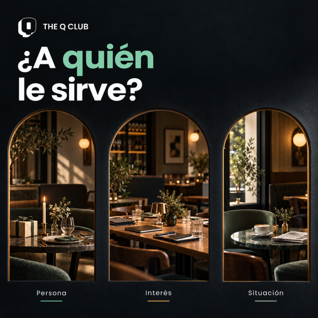 Tres ventanas muestran mesas para una celebración, una comida de equipo y un café. Titular A quién le sirve y logo de The Q Club.