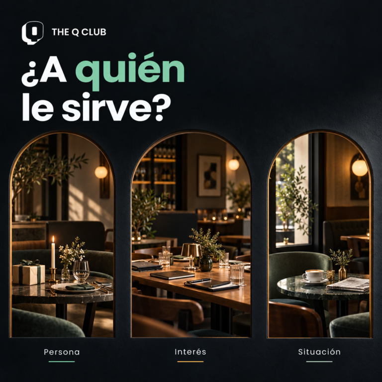 Tres ventanas muestran mesas para una celebración, una comida de equipo y un café. Titular A quién le sirve y logo de The Q Club.