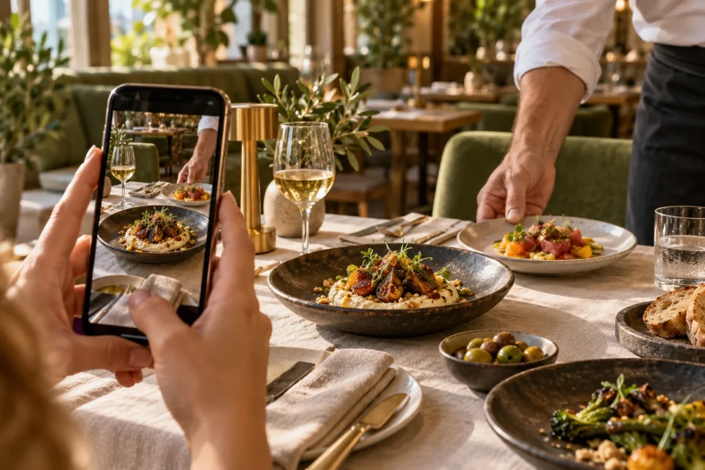 Un móvil graba platos de un restaurante mientras una persona del equipo prepara la mesa.